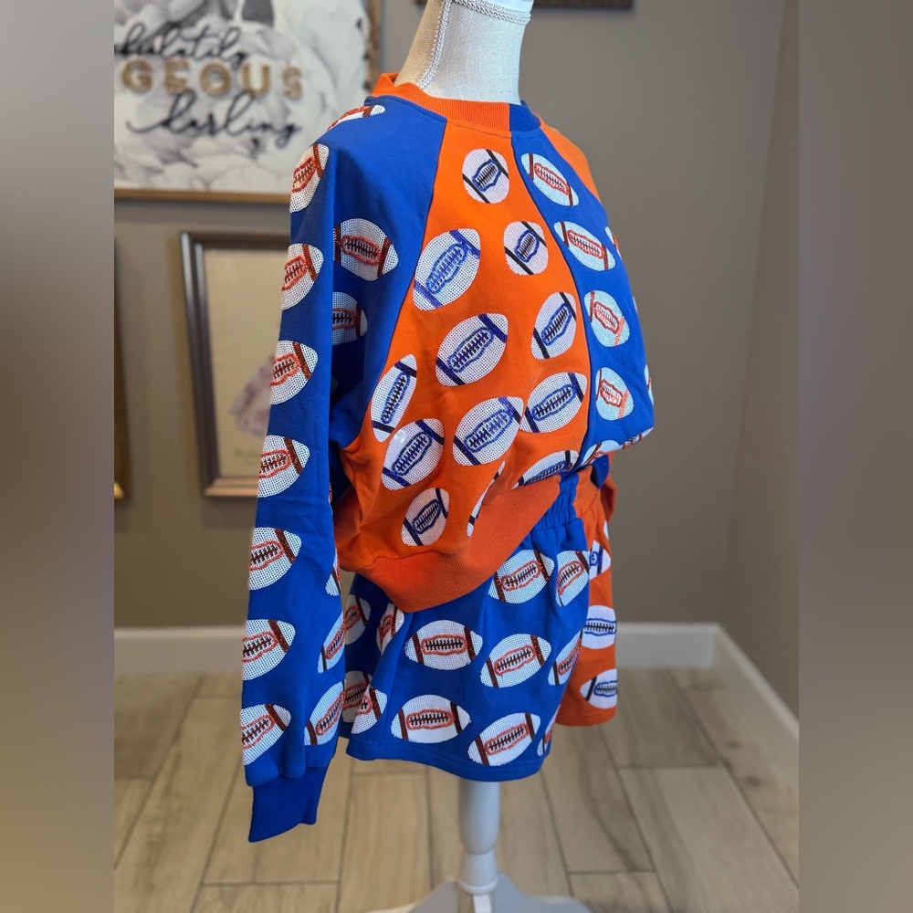 New!QUEEN OF SPARKLES Blue & Orange Sequin Football Sweatshirt & Shorts Set - Picture 4 of 10